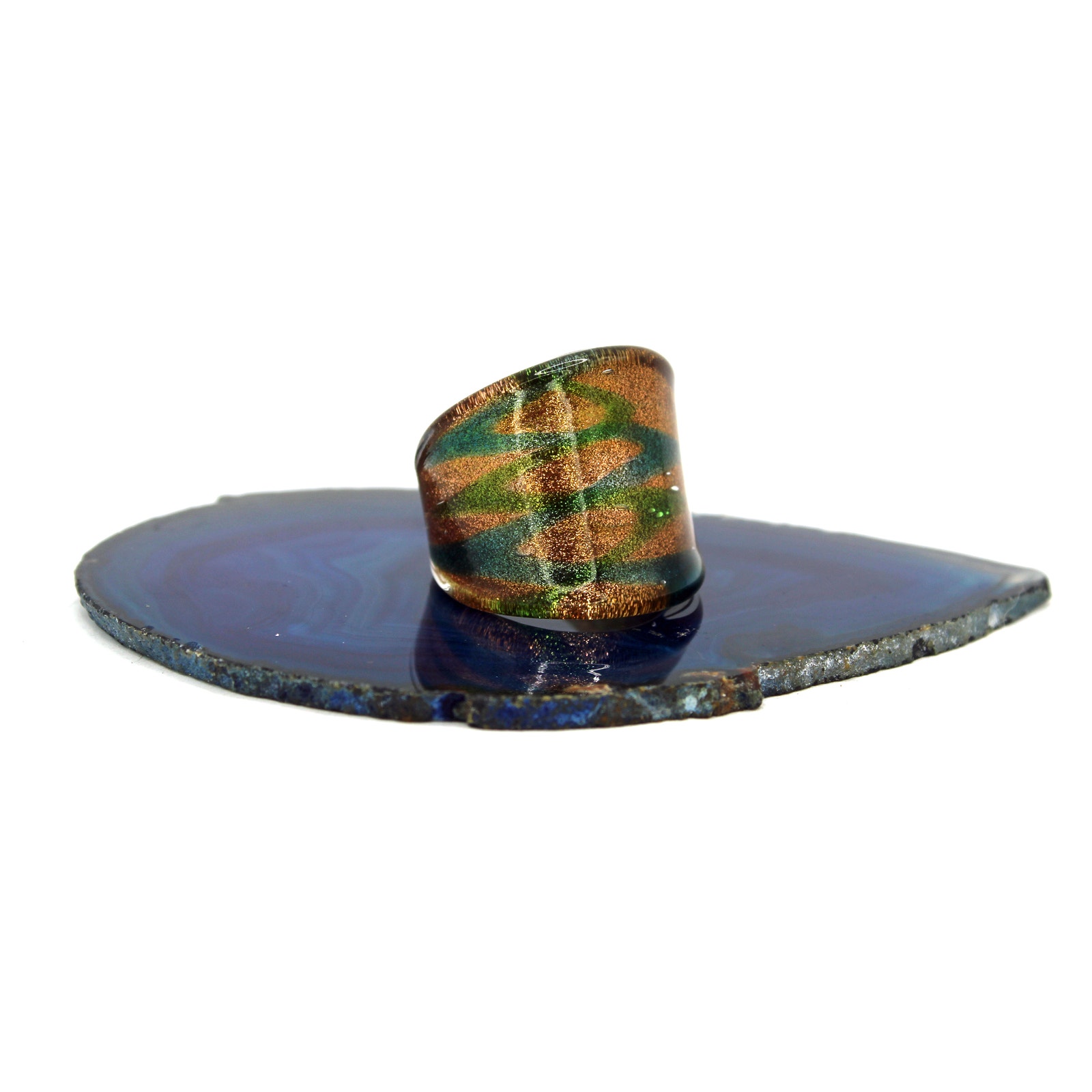1970s Handblown Green And Blue Swirl On Gold Glitter Glass Ring 18$